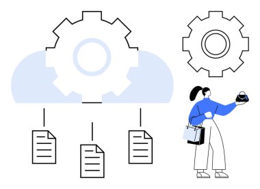 Belgelere bağlı merkezi teçhizatlı bir bulut, elinde veri sembolü olan mavi elbiseli bir kadın. Bulut hesaplama, veri yönetimi, iş operasyonları, teknoloji çözümleri, iş akışı otomasyonu için ideal