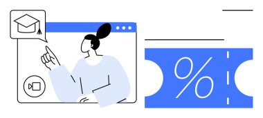 Bilgisayar ekranında mavi yüzdelik indirim biletinin yanındaki mezuniyet şapkası simgesini gösteren kişi. E- öğrenim, eğitim, indirimler, çevrimiçi kurslar, promosyonlar, okul, üniversite için ideal