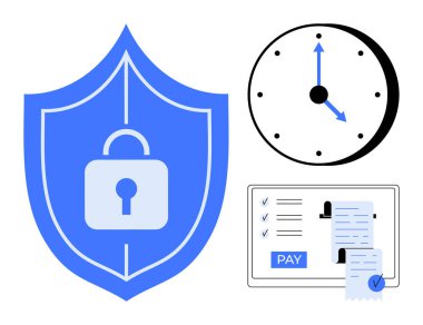 Kalkanda asma kilit, saati gösteren saat ve ödeme arayüzü ve makbuzları olan tablet. Çevrimiçi güvenlik, ödeme işlemleri, işlem güvenliği, zaman yönetimi, mali koruma için ideal