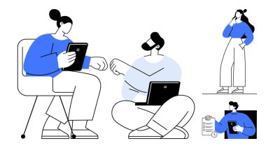 İki kişi çalışmak için dijital cihazlarla uğraşırken, biri yerde ve diğeri de yerde otururken, üçüncü bir şahıs arka planda fikirlere danışıyor. Takım çalışması, üretkenlik, ofis dinamiği ve dijital için ideal