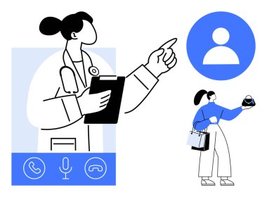 Steteskoplu doktor, elinde pano, video çağrı ikonları olan hasta tıbbi kayıtları ve telefon kullanarak alışveriş yapıyor. Teletıp, sanal istişareler, sağlık hizmetleri yönetimi için ideal