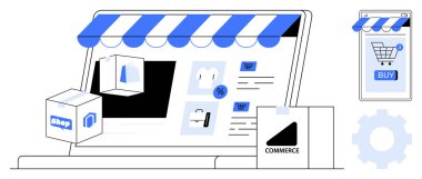 Alışveriş arabası simgeleri, ürün resimleri ve satın alma düğmesi olan bir cep telefonu içeren çevrimiçi bir arayüzü olan bilgisayar ekranı. E-ticaret, çevrimiçi alışveriş, dijital pazarlama, perakende satış için ideal