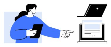 Bir tablet tutan ve bir belgeye sahip bir dizüstü bilgisayarı işaret eden kişi. Çevrimiçi öğrenme, dijital etkileşim, teknik destek, öğretim, sanal toplantılar, web sitesi navigasyonu için ideal