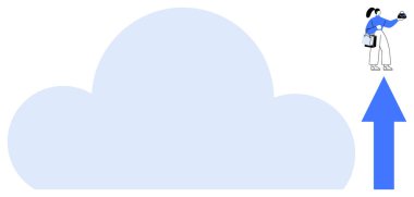 Akıllı telefon tutan kadın karakter, büyük bir bulut şeklinin yanında duruyor. Yükselen büyük ok veri yükleme ya da bulut depolama sürecini gösterir. Teknoloji, veri yönetimi ve bulut hesaplama için ideal