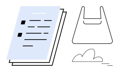 Üzerinde kontrol listesi olan iki sayfa kağıt, plastik bir alışveriş torbası ve bir bulut. Ofis organizasyonu, alışveriş, minimalizm, bulut hesaplama, sürdürülebilirlik, üretkenlik basitliği için ideal