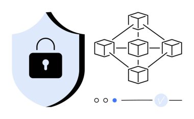 Kilit sembollü kalkan, engelleme zincirini temsil eden birbirine bağlı küpler ve ilerleme göstergesi. Siber güvenlik, veri koruması, engelleme zinciri, internet güvenliği, teknoloji, dijital için ideal