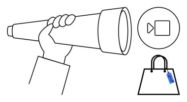 Bir teleskopla el ele tutuşmak, keşfi ve gelecek görüşü sembolize eder. Yakınlarda, fiyat etiketli bir alışveriş çantası ve bir çalma düğmesi simgesi e-ticareti, video içeriğini gösteriyor. Keşif için ideal, öngörü için.