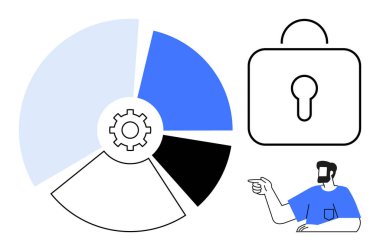Pasta grafiği, ortasında vites sembolü, anahtar deliğiyle kilit, mavi gömlekli adam işaret ediyor. Veri güvenliği, analiz, takım çalışması, teknoloji koruma stratejisi işbirliği için ideal. Soyut