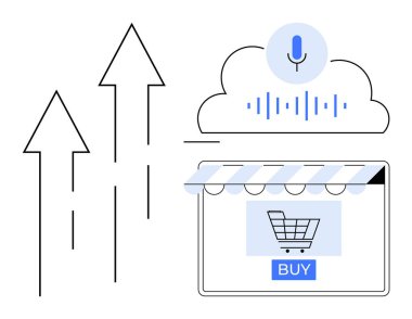 Ses komutu buluta, yükselen oklar, alışveriş arabalı vitrin penceresi ve satın alma düğmesi. Dijital perakende, satış büyümesi, teknoloji eğilimleri, ses ticareti, yenilik, çevrimiçi ticaret için ideal