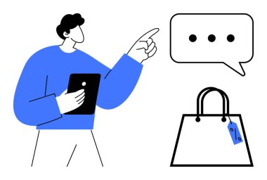 Elinde bir tablet olan kişi, üç noktalı bir konuşma balonuna ve etiketli bir alışveriş çantasına doğru jest yapıyor. Çevrimiçi alışveriş, dijital pazarlama, müşteri geribildirimi, e-ticaret için ideal