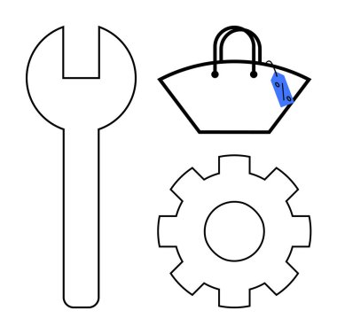 İngiliz anahtarı, mavi etiketli alışveriş çantası ve vites simgesi. İş, ticaret, alışveriş, mühendislik, bakım indirimleri için idealdir. Siyah çizgiler ve minimal tasarım soyut çizgi düz