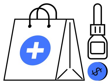 Tıbbi haçlı kağıt torba, ilaç şişesi, mavi para. Sağlık hizmetleri, tıbbi malzemeler, eczane, ilaç alışverişi, maliyet tasarrufu, finansal planlama için idealdir. Soyut satır düzlüğü