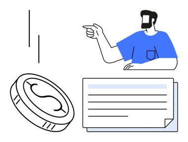 Paraya ve belgeye bakan adam. Finansal planlama, iş stratejisi, karar verme, yatırımlar, rehberlik, yön bulma, danışmanlık ekonomisi için ideal. Modern soyut çizgi düz metafor