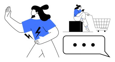 Mavi tişörtlü karakterler reddedilmeyi, alışveriş arabasıyla alışverişi, telefonla mesajlaşmayı ve mesaj beklemeyi resmediyor. İletişim için ideal, e-ticaret, dijital etkileşim, müşteri davranışı, online