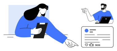 Adam dizüstü bilgisayar kullanıyor, kadın pano tutuyor, ikisi de sosyal medya paylaşımını işaret ediyor. Takım çalışması, sosyal medya pazarlaması, çevrimiçi işbirliği, dijital iletişim, uzaktan kumanda için ideal