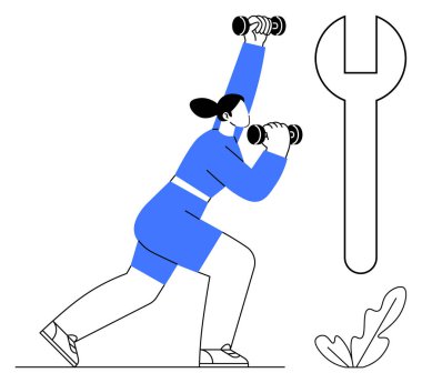 Kadın dambılları hareket pozisyonunda kaldırıyor. Sağda büyük bir anahtar ve altta da küçük bir yaprak. Zindelik, güç, sağlık, bakım, büyüme, denge, ekipman ve ilerleme için ideal