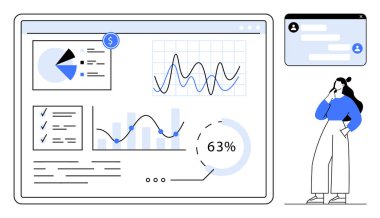 Etkileşimli grafikler, çizelgeler, pasta grafikleri ve ilerleme göstergeleriyle iş analizi paneli. Profesyonel figür verileri analiz ediyor. Veri analizi, performans takibi ve iş için ideal