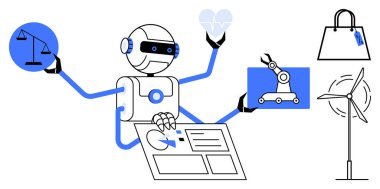 Birden fazla kolu olan robot pano, kalp monitörü, pullar, robot kol diyagramı ve alışveriş çantası. Arka planda rüzgar türbini var. Otomasyon, yenilik ve gelişmiş teknoloji endüstrisi için ideal.