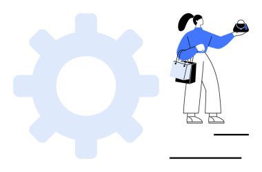 Mavi bluzlu ve beyaz pantolonlu bir kadın çanta ve alışveriş torbası tutuyor. Arka planda büyük bir vites var. Perakende satış, tüketici davranışı, alışveriş, modern yaşam tarzı, ekommerce, otomasyon iş akışı için ideal. Soyut