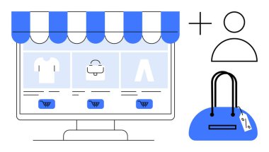 Masaüstü monitörü alışveriş arabası simgeleri, giyim ürünleri ve kullanıcı profili olan bir e-ticaret mağazası gösteriyor. Perakende, çevrimiçi alışveriş, e-ticaret, dijital pazarlama, kullanıcı arayüzü tasarımı için ideal
