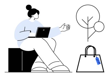 Dizüstü bilgisayarı olan bir kadın sunum, ağaç ve el çantası yapıyor. İş için ideal, ev işi, iletişim, moda, doğa uzaktan sunumları. Soyut çizgili minimalist tasarım