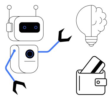 Anten ve mekanik kolları olan robot ampulü işaret ederek akıllı ödeme için bir fikir ve cüzdanı temsil ediyor. Yapay zeka, yenilik, teknoloji, finans, otomasyon, gelecekteki teknoloji için ideal