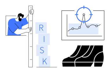Riski dikey bloklarla ölçen kişi, verileri değiştiren hedefle grafik, güvenliği vurgulayan ayakkabı. Risk analizi, iş stratejisi, güvenlik protokolleri, veri izleme ve yatırım için ideal