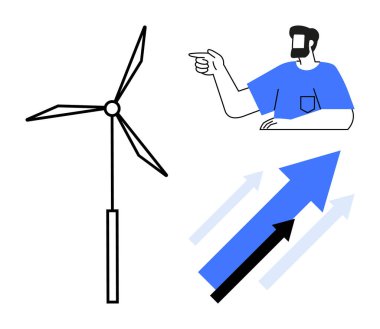 Rüzgar türbini, yukarı bakan siyah, mavi, açık mavi oklar. Yenilenebilir enerji, büyüme, gelişim sürdürülebilirlik, yenilik, başarı konuları için idealdir. Soyut çizgi düz metafor