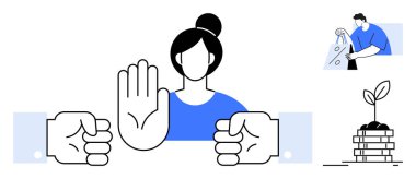 Elleriyle jestleri durduran kadın, insan sulama bitkisi ve istiflenmiş paraların üzerinde büyüyen bitki. Konseptler için ideal önleme, yatırım, yetiştirme, büyüme, çevre, koruma