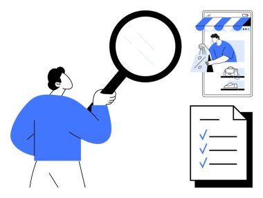 Elinde büyüteç tutan, internetten alışveriş yapan mavi işaretli kontrol listesi olan bir adam. E-ticaret, ürün araması, kalite kontrol, görev yönetimi, çevrimiçi alışveriş, dijital