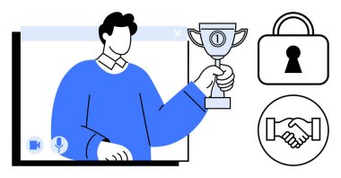 Video görüşmesi, kilit ve tokalaşma simgeleri sırasında elinde kupa tutan kişi. Çevrimiçi ödüller için ideal, uzak işlerde güvenlik, sanal kutlamalar, takım çalışması, video konferansı, çevrimiçi mahremiyet