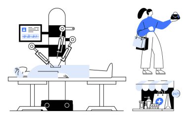 Robotic system performing surgery on a patient monitored by a screen woman shopping for medication 247 medical delivery service. Ideal for healthcare, technology, automation, AI, convenience clipart