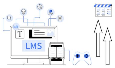 Metin, ampul, vites, kitap, oyun kumandası, büyüteç, belge ve yukarı bakan oklarla LMS ekranı. Çevrimiçi dijital dönüşüm için e-öğrenim teknolojisi yeniliği için ideal