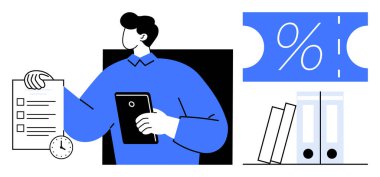 Ofis çalışanı elinde tablet, kontrol listesi saat, yüzdelik bilet ve yakınlarda klasörler tutuyor. Üretkenlik, zaman yönetimi, ofis işi, verimlilik, organizasyon, görev planlama işleri için ideal