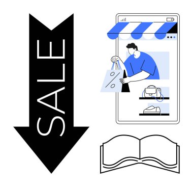 Alışveriş torbaları tutan bir kişinin bulunduğu online alışveriş arayüzü olan cep telefonu. Satış aşağı doğru ok ve bir açık kitap simgesi dahil. Dijital pazarlama, e-ticaret, satış etkinlikleri için ideal