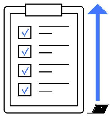 Her kutunun işaretlendiği dört işaretli kontrol panosu. Yukarı doğru büyük ok büyümeyi, verilerden ilerlemeyi ya da görev tamamlanmasını işaret ediyor. Laptop üssü. Üretkenlik, başarı, hedefler için ideal