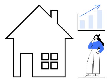 Geniş bir ev çizgisi, mavi elbiseli bir kadın ve yükselen bir bar grafiği. Gayrimenkul, yatırım, konut iyileştirme, konut piyasası, finansal büyüme, stratejik planlama karar verme süreci için ideal