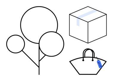 Dairesel yapraklı ağaç, bantlı kapalı kutu, mavi etiketli alışveriş çantası. Doğa, çevre, perakende, taşımacılık, ticaret minimalizmi ve çevre dostu temalar için idealdir. Soyut satır düzlüğü