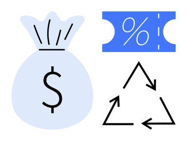Dolar işaretli para çantası, yüzde sembollü mavi indirim kuponu ve geri dönüşüm üçgeni. Ekonomi, finansal planlama, tasarruf, indirimler, çevre dostu kampanyalar için ideal