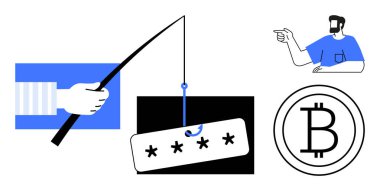 Şifreli bir olta çubuğu tutan bir adam ve Bitcoin sembolü. Siber güvenlik, sahtekarlık, dijital dolandırıcılık, online mahremiyet, kripto para birimi koruması için ideal.