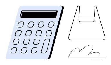 Düğmeli hesap makinesi, plastik çanta taslağı, bitki çizimi. Finans, alışveriş, çevre, sürdürülebilirlik, kaynak yönetimi çevre dostu girişimler için idealdir. Temiz