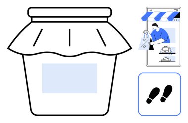 Kapaklı kavanoz, mobil cihazda online mağaza teslimatçı, teslimatı gösteren ayak izleri. Perakende satış, çevrimiçi alışveriş, e-ticaret, dağıtım hizmetleri, geleneksel dijital mağazalar için ideal