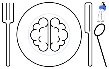 Üzerinde beyin çizimi, çatal ve bıçak olan tabaklar. Zihinsel sağlık, bilgi, farkındalık, eğitim, yaratıcılık, entellektüel beslenme, soyut düşünme için idealdir. Minimalist tasarım