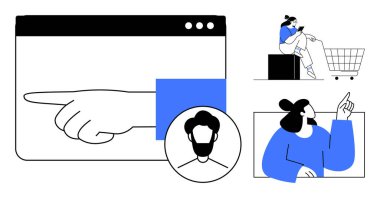 Web arayüzünde el işaretleme, alışveriş arabasında telefonlu kişi, kullanıcı profili ikonu, işaret eden kadın. E-ticaret, kullanıcı navigasyonu, çevrimiçi profiller, dijital arayüzler, alışveriş için ideal