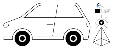 Siyah lastikli araba çizgisi, piramit resimli komşu göz ve alışveriş arabası iten mavi şapkalı kişi. Ulaşım, perspektif, vizyon, tüketim, tasarım, sanat için ideal