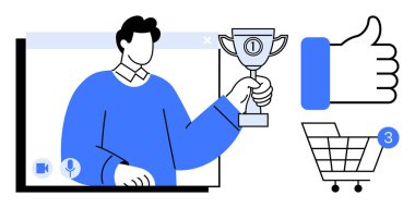 Video görüşmesi sırasında elinde bir kupa, baş parmak işareti, üç tebligatlı alışveriş arabası. Başarı için ideal, dijital toplantılar, çevrimiçi alışveriş, sosyal medya, e-öğrenme, müşteri