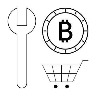 İngiliz anahtarı çizimleri, saat elli bir Bitcoin para ve bir alışveriş arabası. Kripto para birimi, e-ticaret, dijital araçlar, çevrimiçi alışveriş, engelleme zinciri teknolojisi, finansal