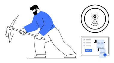 Kazma, kripto para amblemi, göz ve piramit ve dijital ödeme formu kullanan bir madenci. Finans, kripto para birimi, engelleme zinciri, çevrimiçi işlemler, dijital güvenlik, fintech