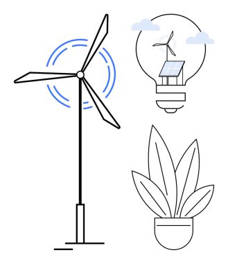 Rüzgar türbini enerji üretiyor, içinde güneş paneli ve rüzgar türbini olan ampul, saksı bitkisi. Sürdürülebilirlik, yenilenebilir enerji, yeşil teknoloji, koruma, çevre, temiz