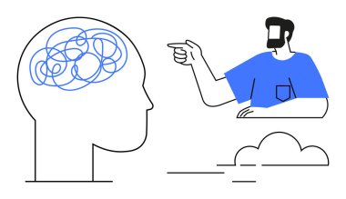 Karışık çizgilerle dolu bir kafayı işaret eden erkek figürü, düşünce karmaşıklığını temsil ediyor. Akıl sağlığı, iletişim, rehberlik, danışmanlık, problem çözme, psikolojik farkındalık için ideal